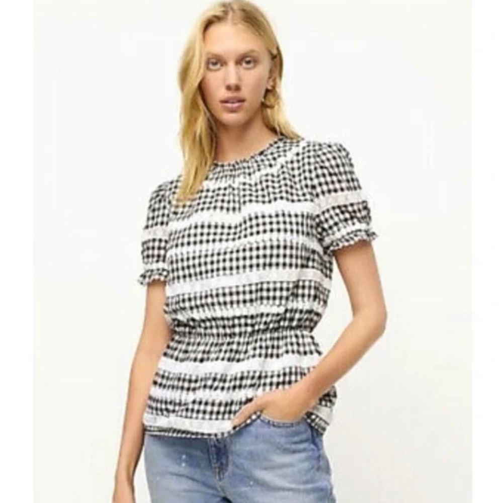 NWT J. Crew Reimagined Daisy Chain Black White Gingham Peplum Top Size XS